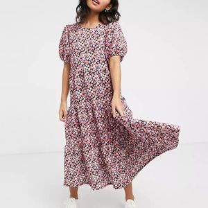 Asos Petite Design Midi Tiered Smock Dress In Pink Floral Print